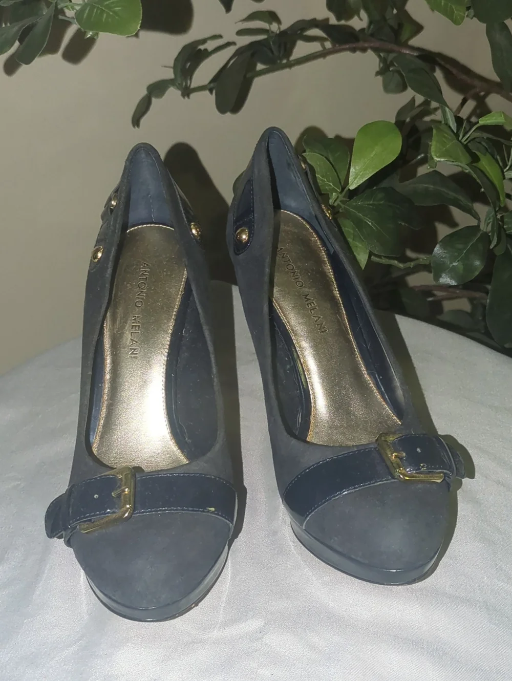 ANTONIO MELANI Navy Suede Buckle Peep-Toe Pumps